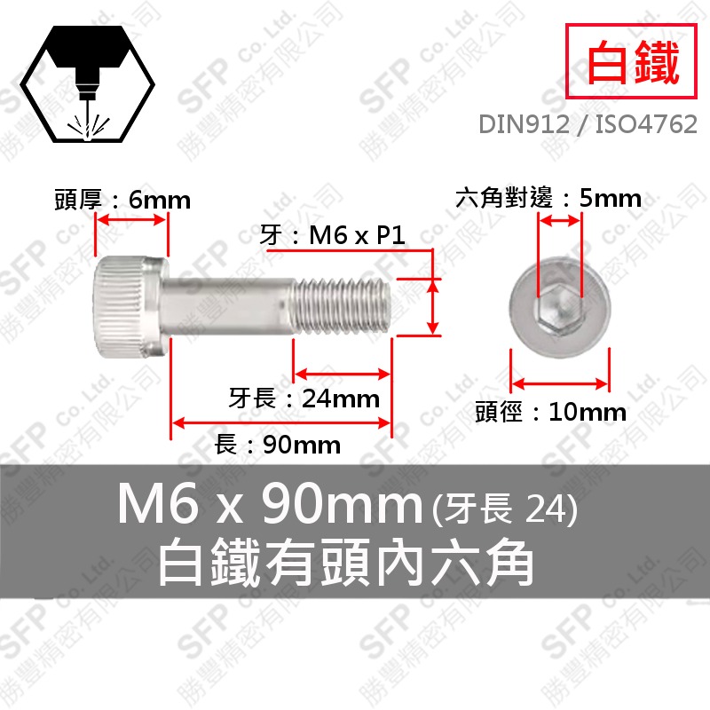 304白鐵有頭內六角(半牙) M6*90