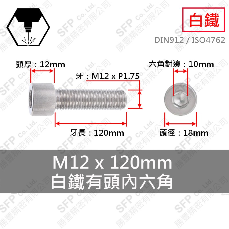 SS304 Socket Head Cap Screw M12*120(半牙)