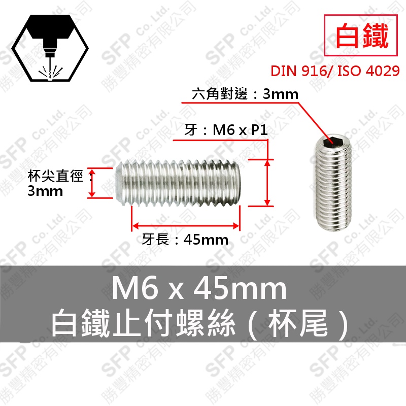 SS304 Set Screw (Cup Point) M6*45