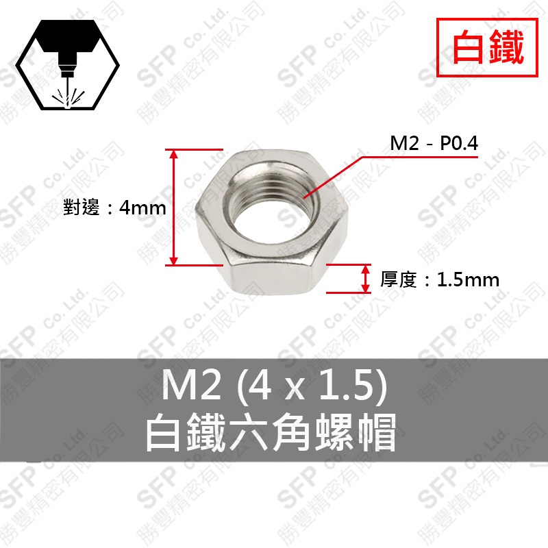 304白鐵六角螺帽 M2 (4*1.5)