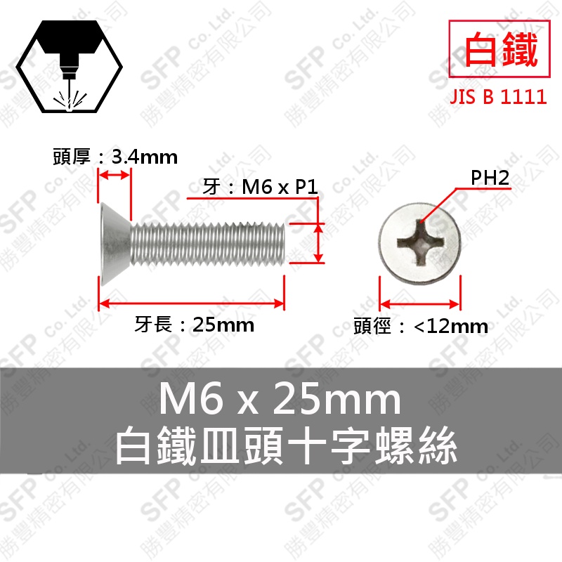 SS304 Flat Head Phillips Screw Screw M6*25