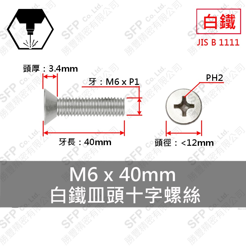 SS304 Flat Head Phillips Screw Screw M6*40