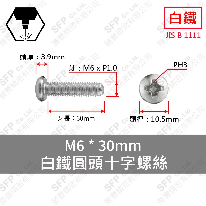 304白鐵圓頭十字螺絲 M6*30