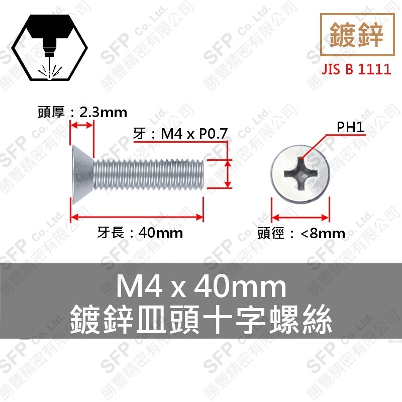 鍍鋅皿頭十字螺絲 M4*40