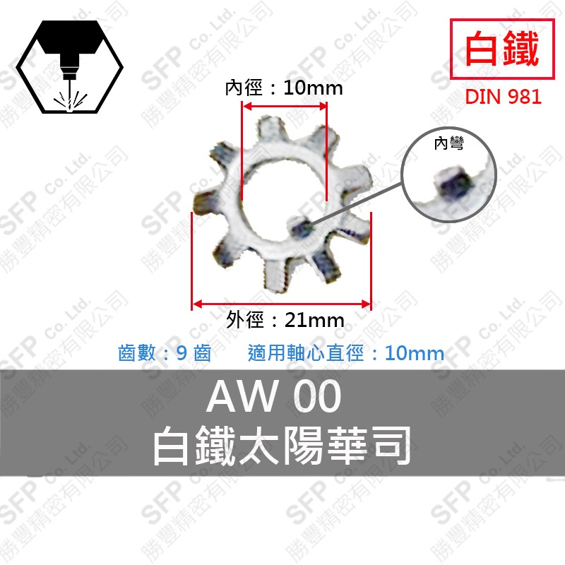 304白鐵太陽華司-彎齒 AWS00 (10mm)