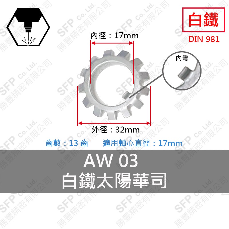 304白鐵太陽華司－彎齒 AWS03 (17mm)
