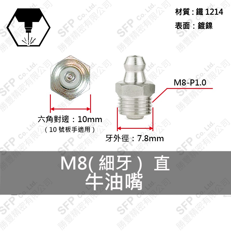 鍍鎳牛油嘴(細牙) M8-P1.0 (直)