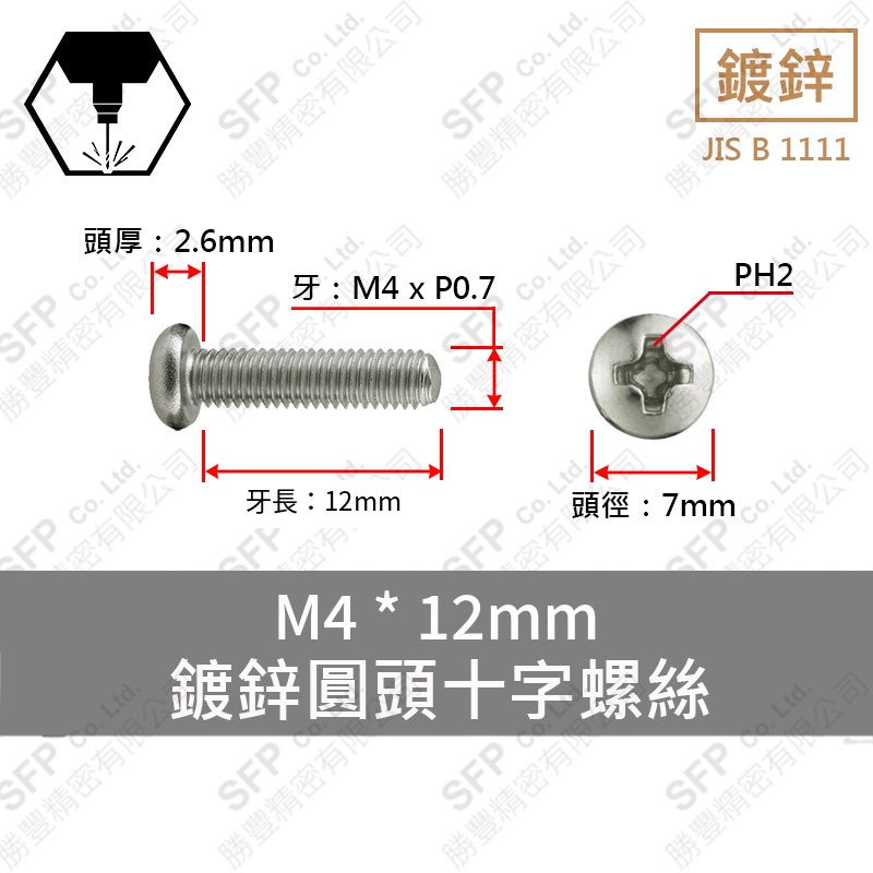 Zinc Plated Round Head Phillips Screw Screw (割尾) M4*12