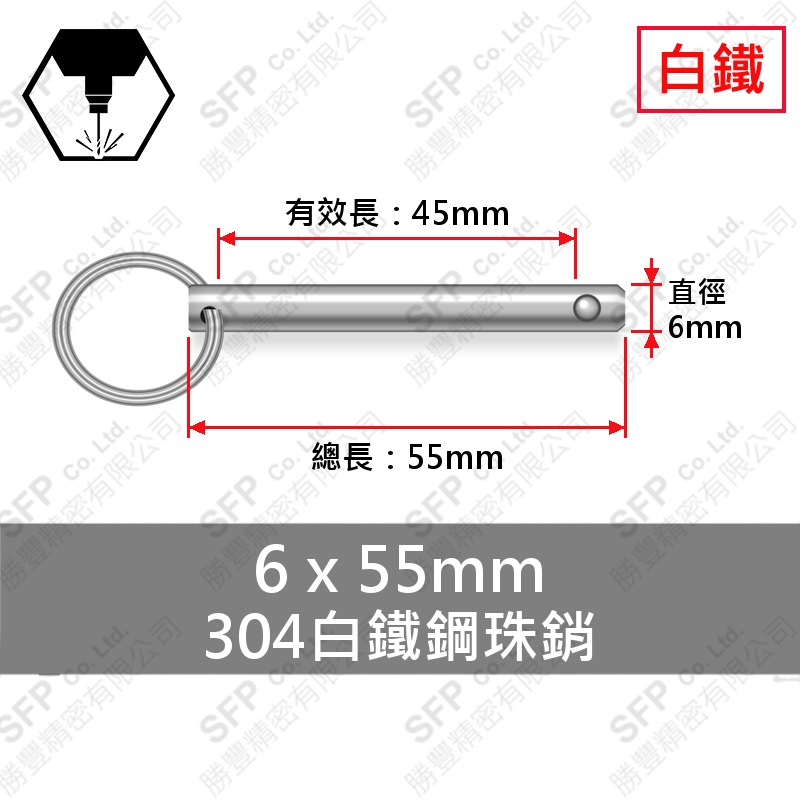 304白鐵鋼珠銷 6*55 (有效長45)