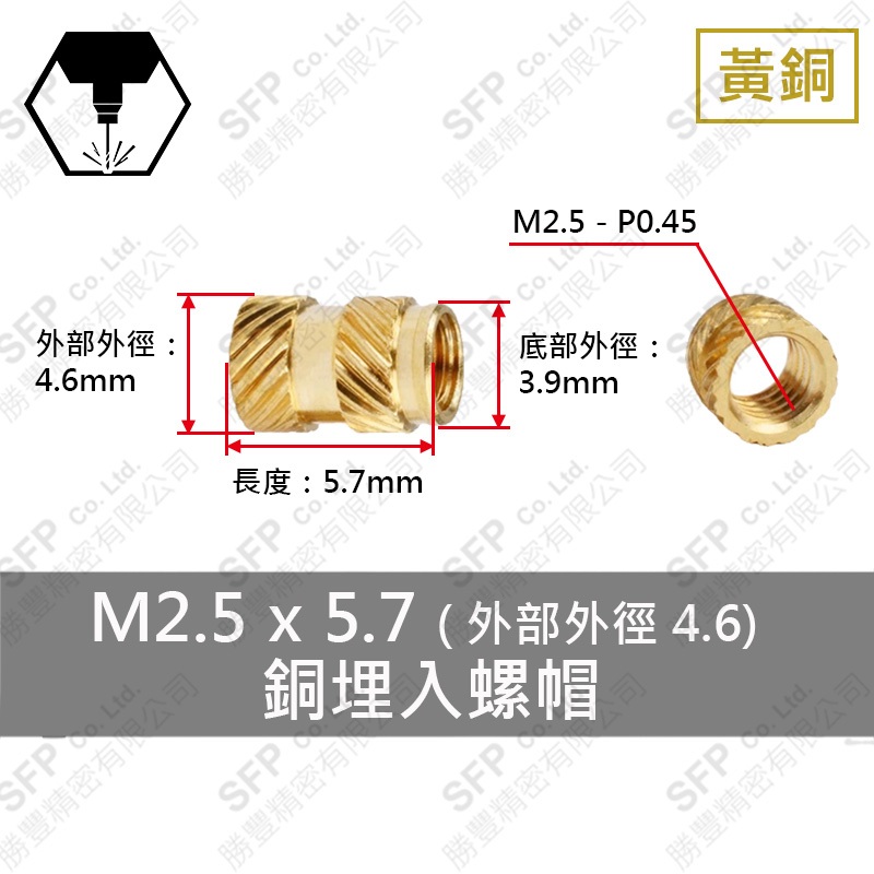 銅埋入式螺帽 M2.5*5.7 (外徑4.6)