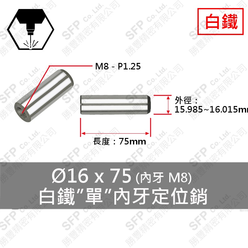 304白鐵 單 內牙 定位銷 16*75 (M8內牙)