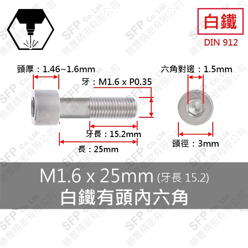 302白鐵有頭內六角(半牙) M1.6*25