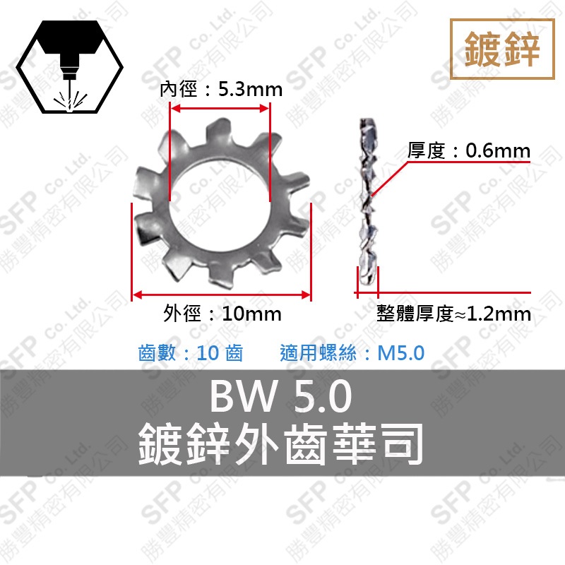 鍍鋅外齒華司 M5-10齒