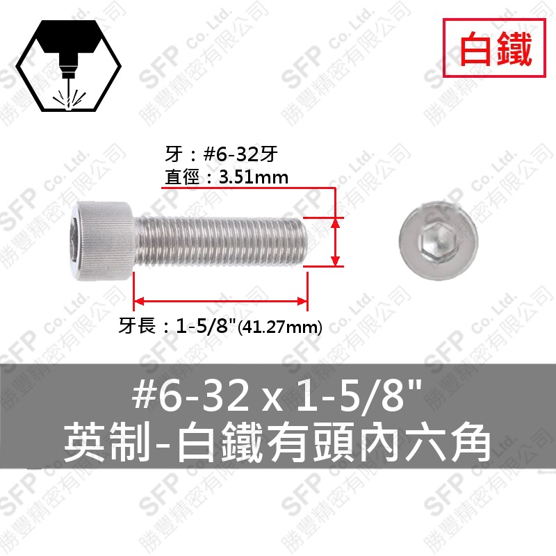 304白鐵有頭內六角 6#-32*1-5/8