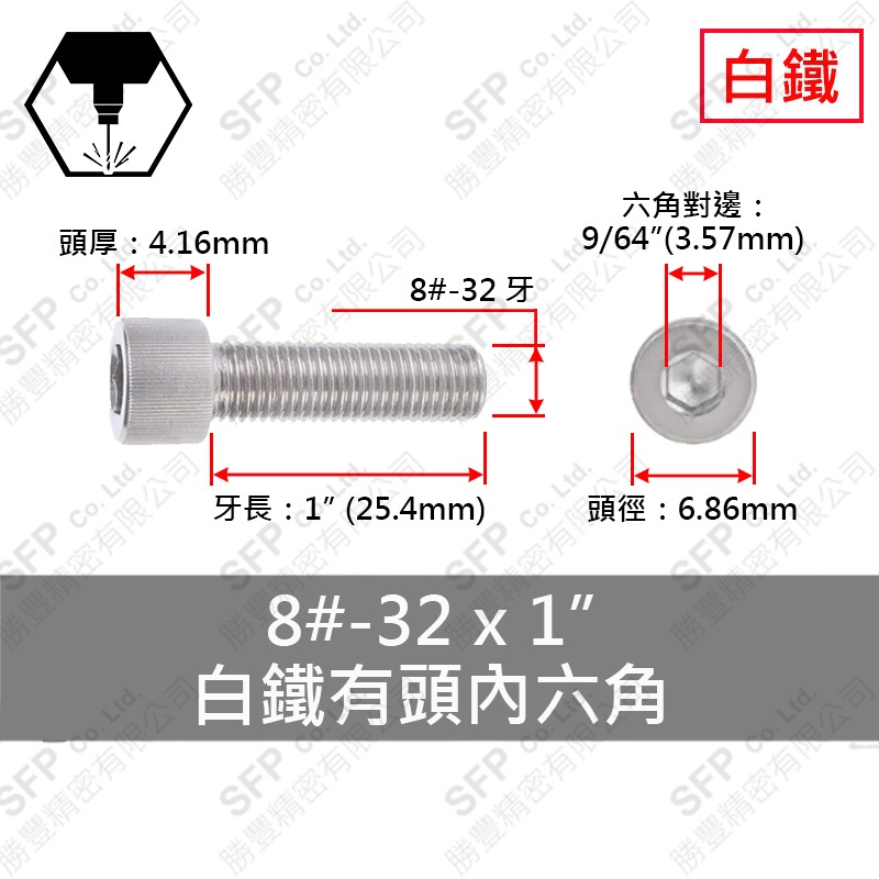 304白鐵有頭內六角 8#-32*1