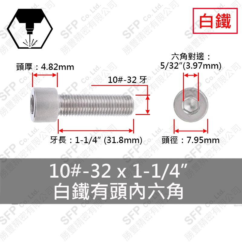 304白鐵有頭內六角(全牙) 10#-32(細牙)*1-1/4