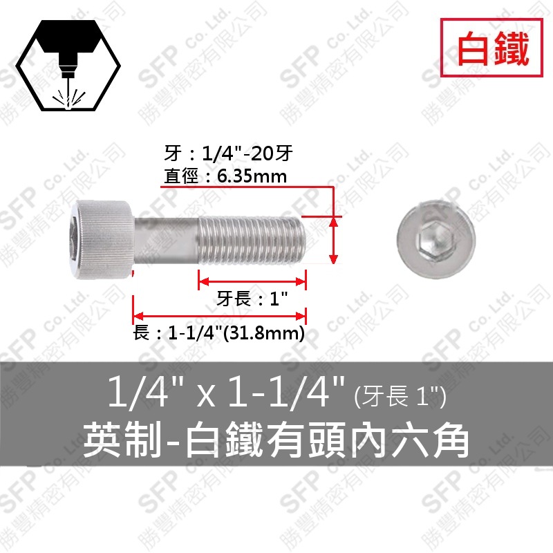 304白鐵有頭內六角(半牙) 1/4 *1-1/4