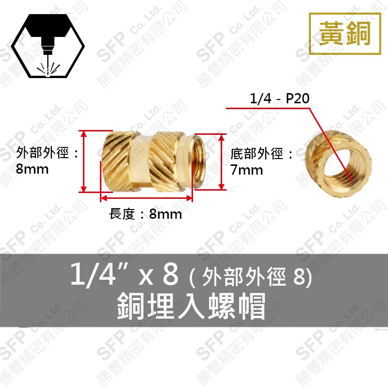 銅埋入式螺帽 1/4 *8 (外徑8)