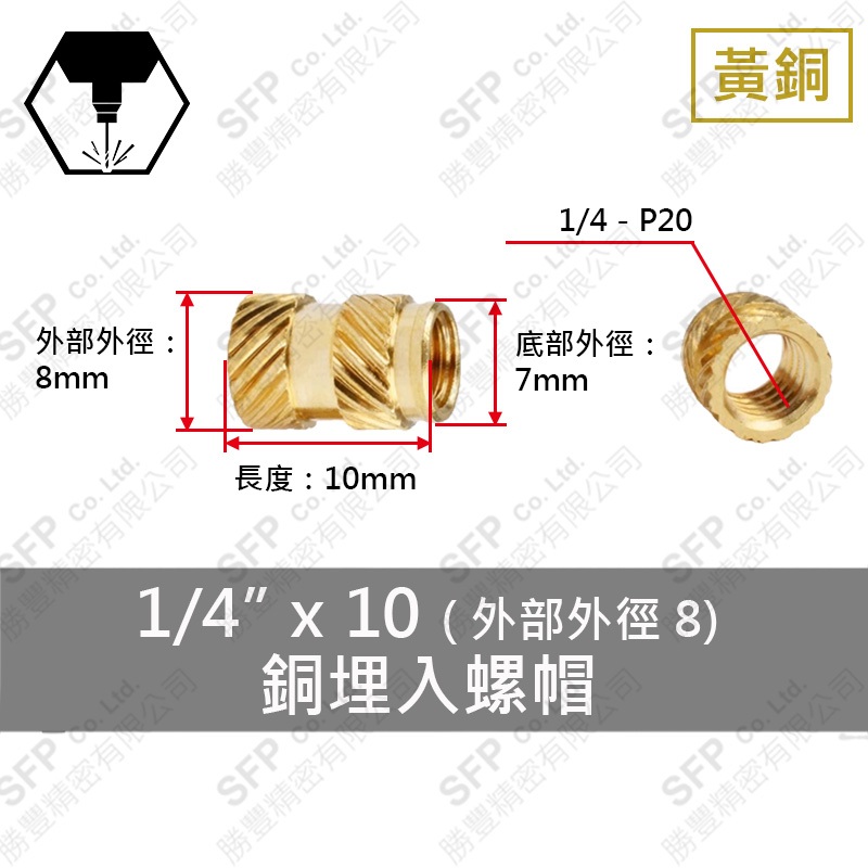 銅埋入式螺帽 1/4 *10 (外徑8)