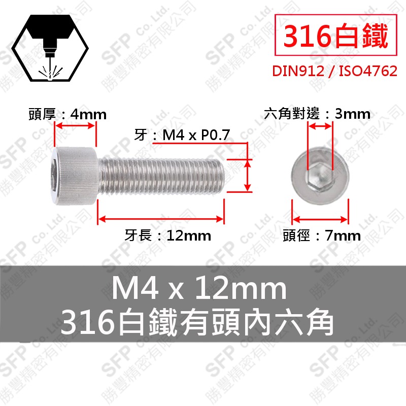 316白鐵有頭內六角 M4*12