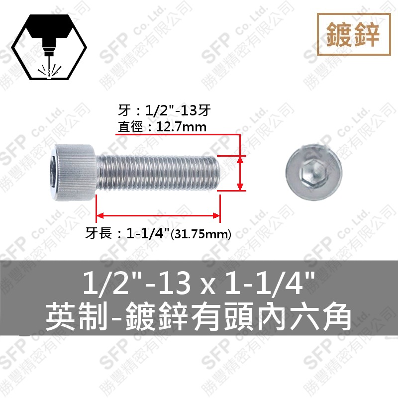 鍍鋅12.9合金鋼有頭內六角 1/2 -13牙*1-1/4