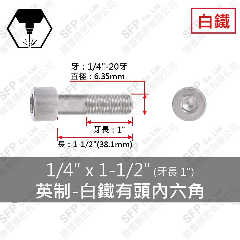 304白鐵有頭內六角(半牙) 1/4 *1-1/2