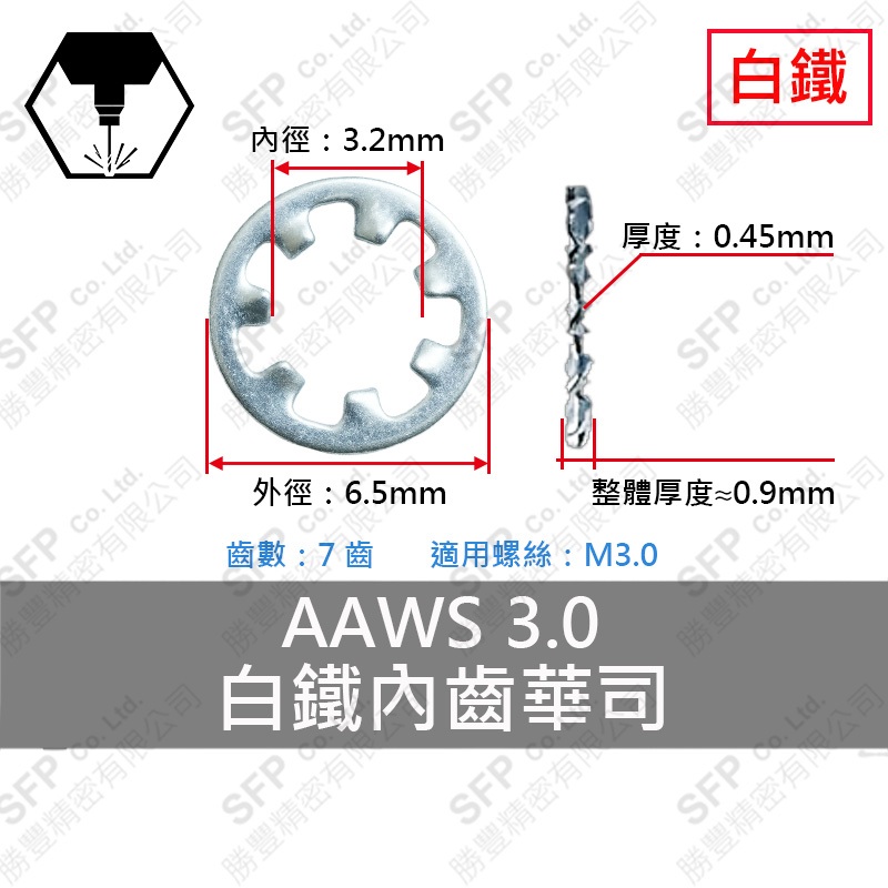 304白鐵內齒華司 AWS-3 (3.2*6.5*0.45)-7齒