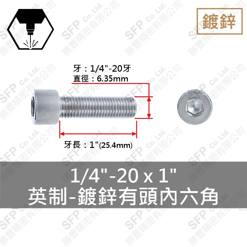 鍍鋅12.9合金鋼有頭內六角 1/4 -20*1