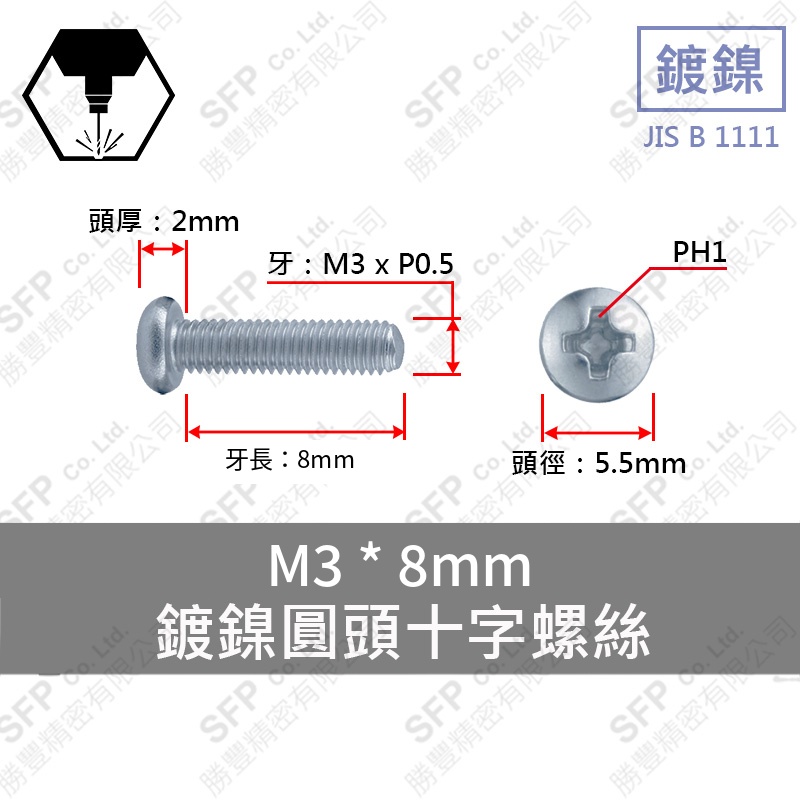 Nickel Plated 圓頭十字 Screw M3*8