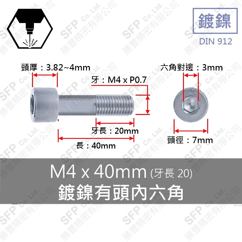 鍍鎳有頭內六角(半牙) M4*40