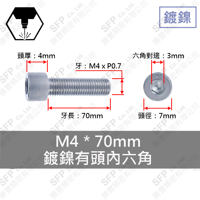 Nickel Plated Socket Head Cap Screw M4*70 (牙長20)