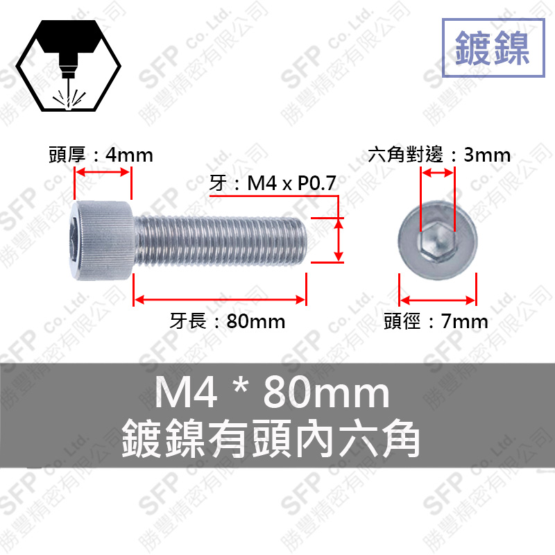 鍍鎳有頭內六角 M4*80 (牙長20)