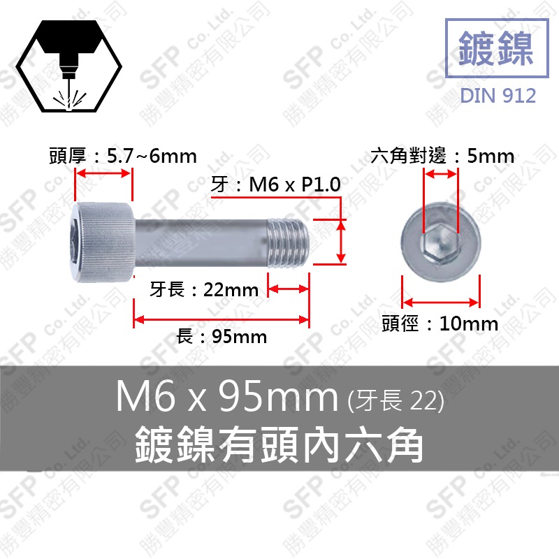 鍍鎳有頭內六角(半牙) M6*95