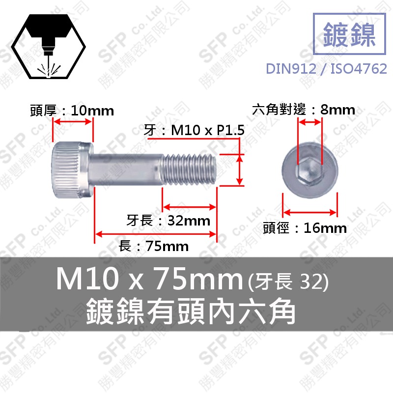 鍍鎳有頭內六角 M10*75