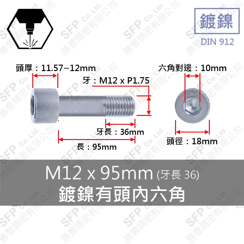 鍍鎳有頭內六角(半牙) M12*95