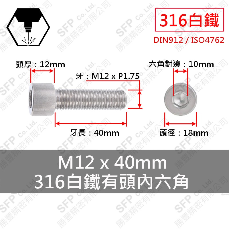 SUS316六角穴付きボルト M12*40
