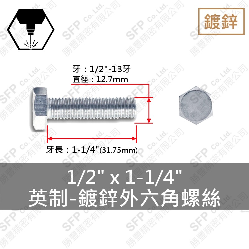 鍍鋅六角螺絲 1/2 -12牙*1-1/4