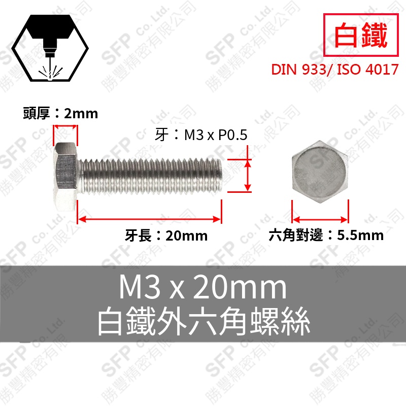 304白鐵外六角 M3*20