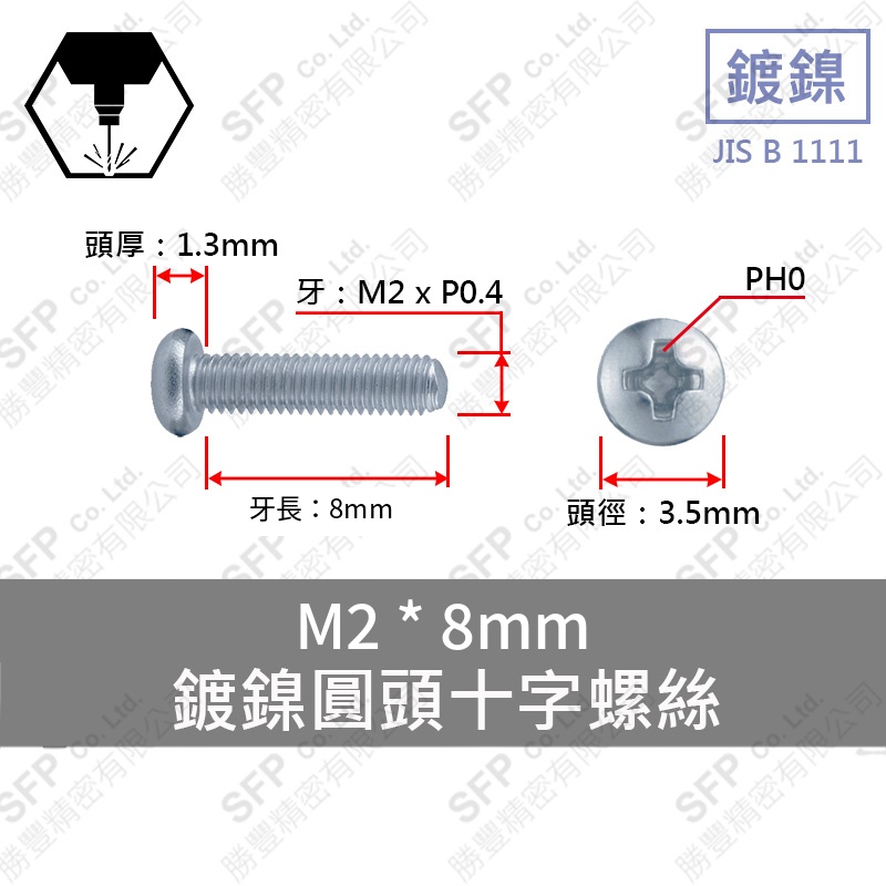 鍍鎳圓頭十字螺絲 M2*8