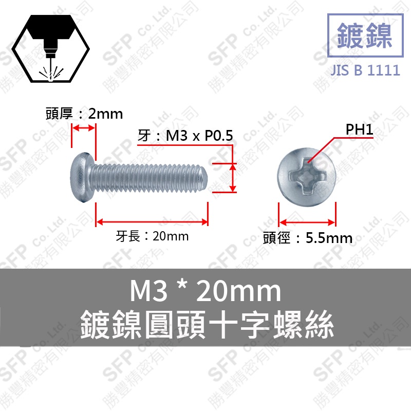 鍍鎳圓頭十字螺絲 M3*20