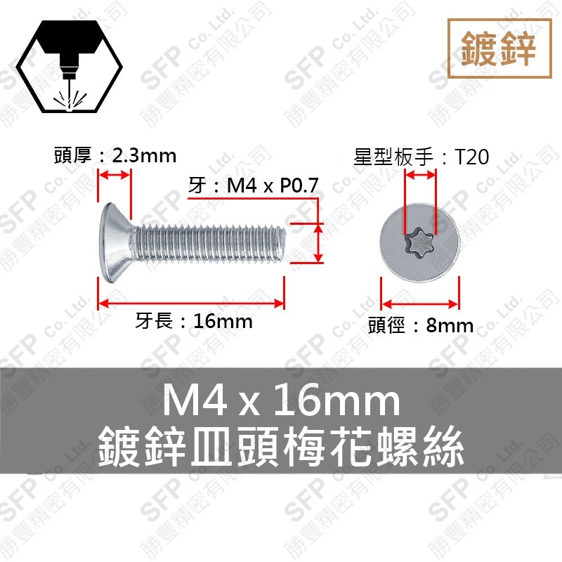 鍍鋅10.9皿頭梅花螺絲 M4*16