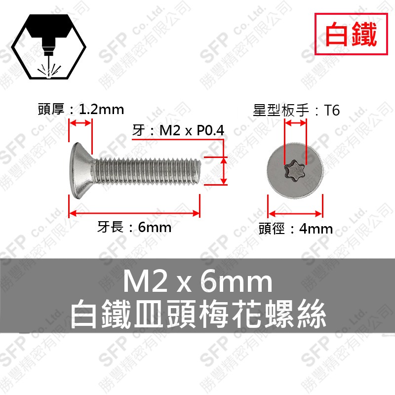 304白鐵皿頭梅花螺絲 M2*6