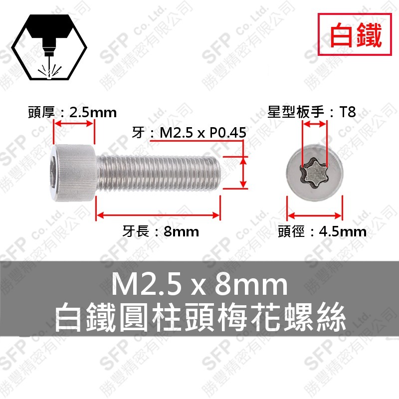 304白鐵圓柱頭梅花螺絲 M2.5*8