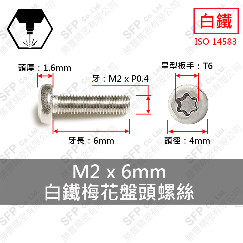 304白鐵盤頭梅花螺絲 M2*6
