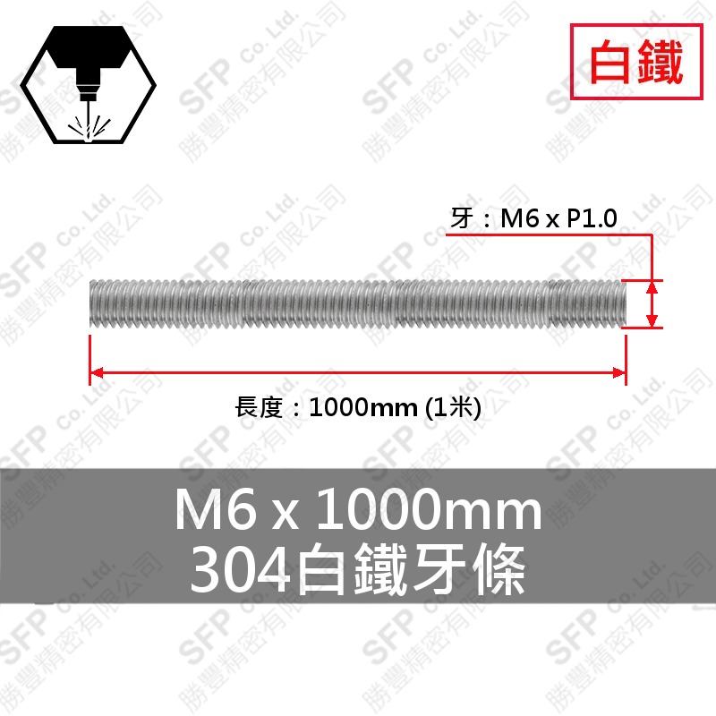 304白鐵牙條 M6-P1.0*1米 SUS304
