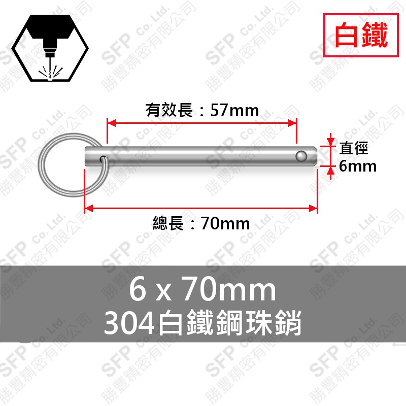 304白鐵鋼珠銷 6*70 (有效長57)