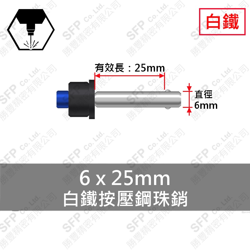 白鐵 按壓 鋼珠銷 6*25 (有效長25)