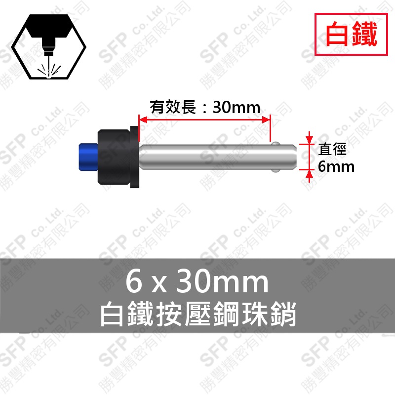 白鐵 按壓 鋼珠銷 6*30 (有效長30)