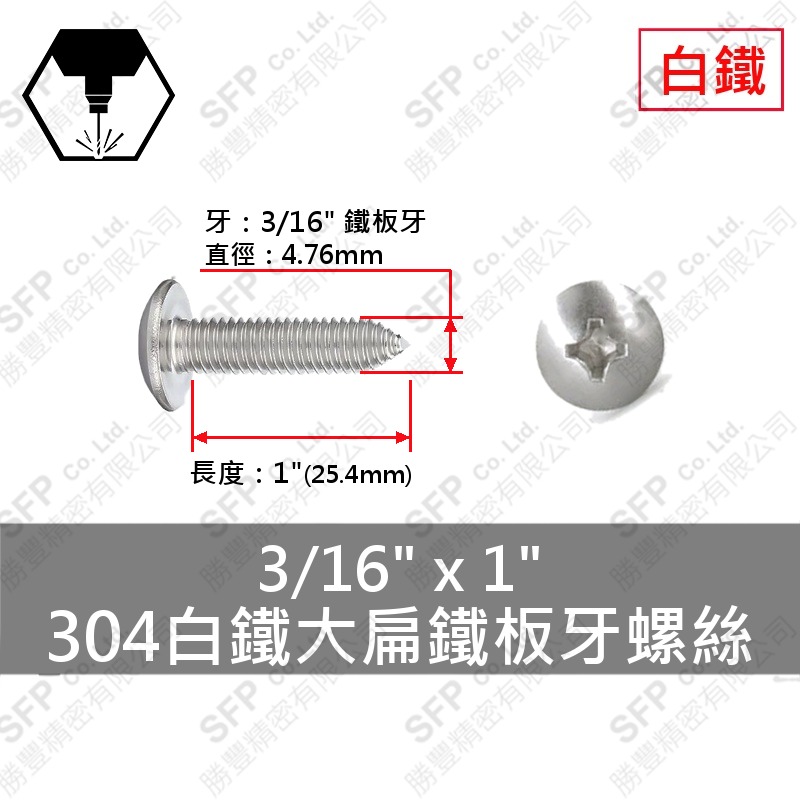 304白鐵大扁鐵板牙螺絲 3/16"*1" SUS304