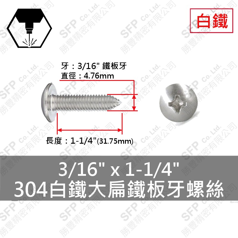 304白鐵大扁鐵板牙螺絲 3/16"*1-1/4" SUS304